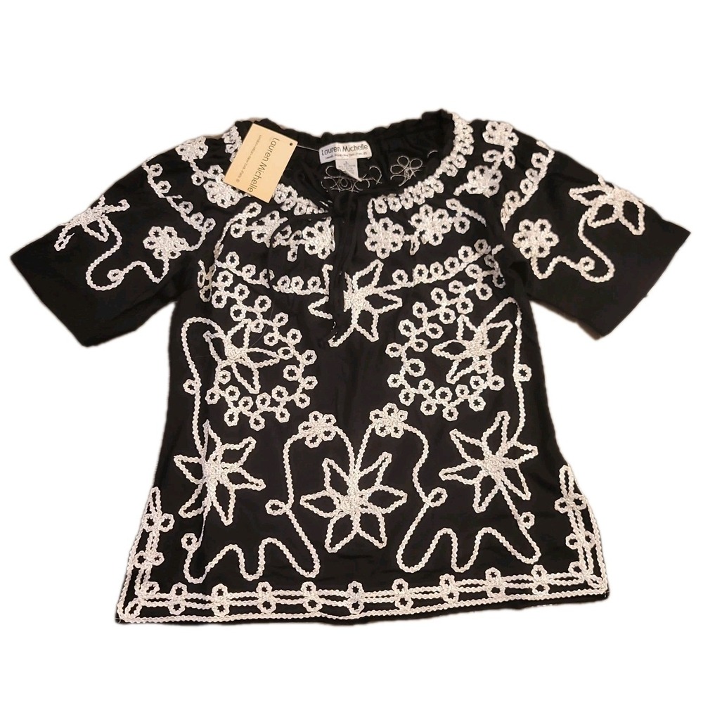 Lauren Michelle Womens Black White Soutache Embroidered Peasant Top Blouse Large